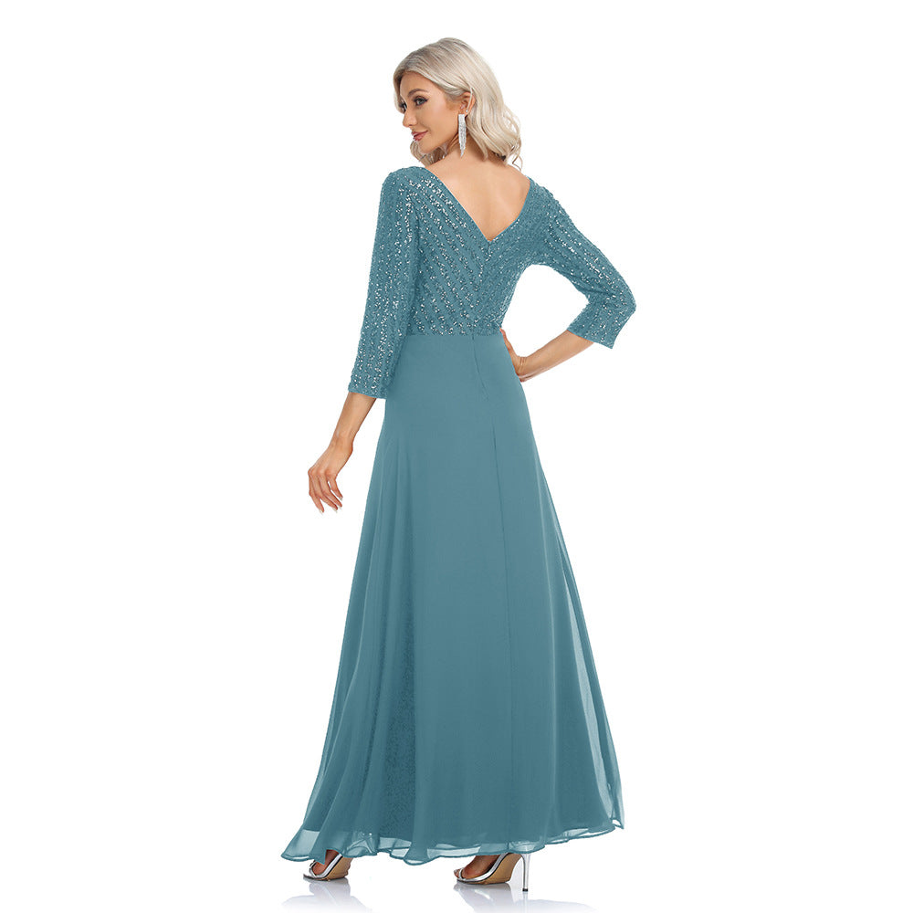 2023 Spring and Summer Women's Chiffon Bridesmaid Dress Double V-neck Dress 3/4 Sleeve A- line Large Hem Sequin Stitching Evening Dress