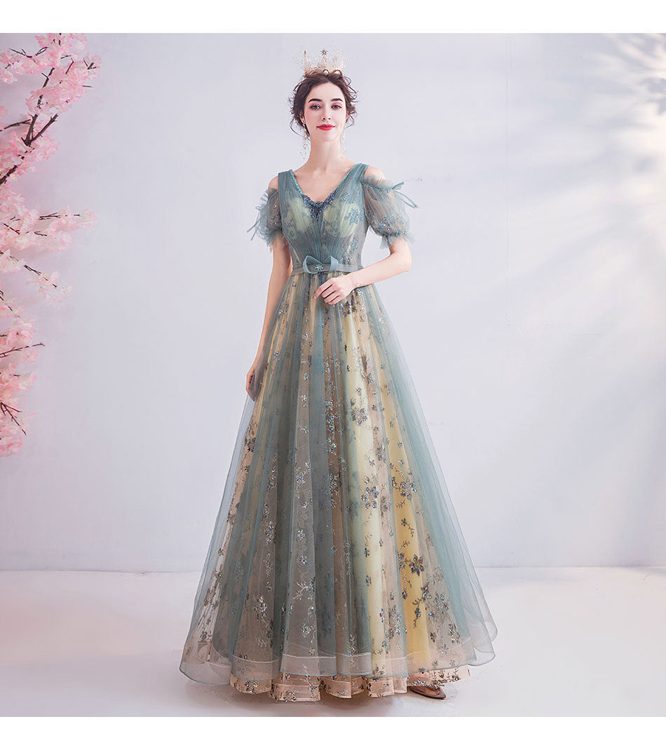 Stage Performance Host's Dress 2024 New Deep V-neck Retro Green off-the-Shoulder Puff Sleeves Dress Wholesale