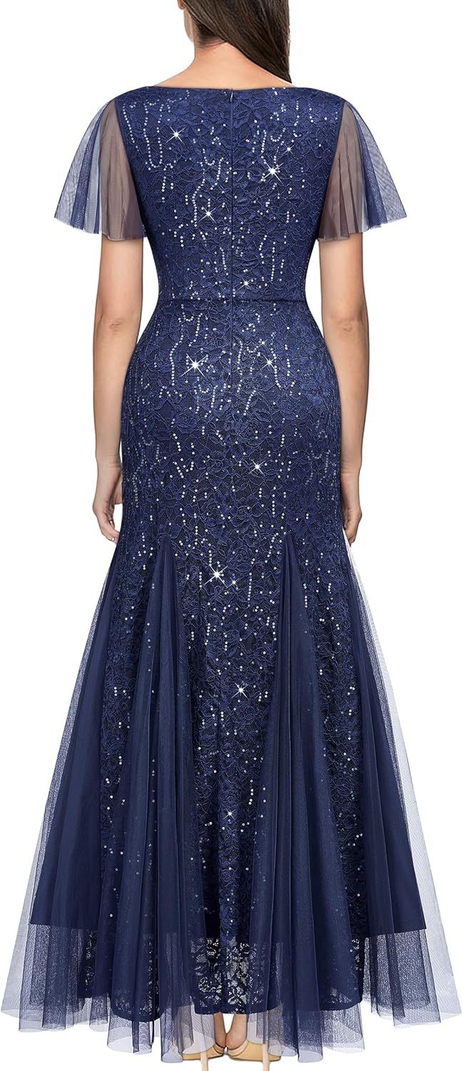 Cross-Border EBay Amazon European and American New Women's V-neck Dress Lace Chiffon Double-Layer Dress Sequined Evening Dress