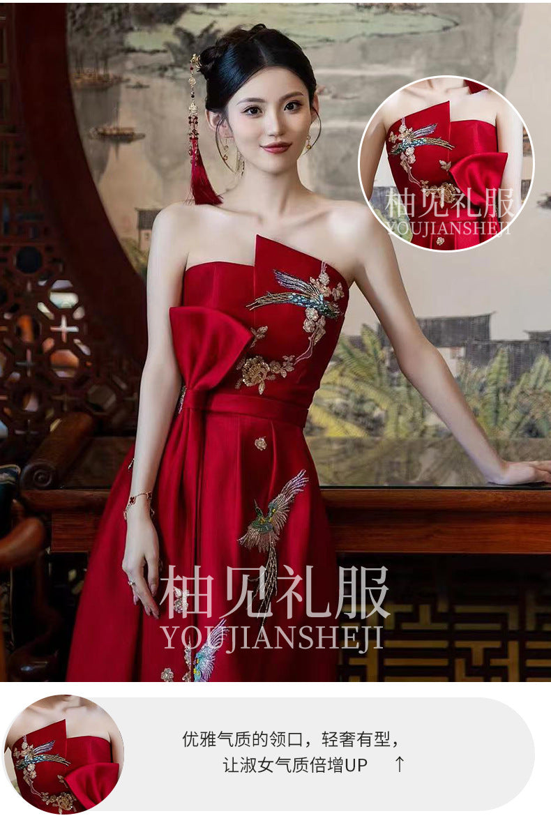 New Chinese Toast Clothing 2024 New Tube Top Morning Gowns Women's Bride Engagement Formal Dress Toast Clothing out of the Court Banquet Back to the Door Clothing