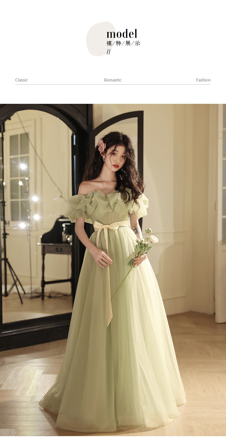 off-Shoulder Evening Dress High-End Affordable Luxury Niche Atmosphere Host Annual Party Dress Student Art Exam Performance Green