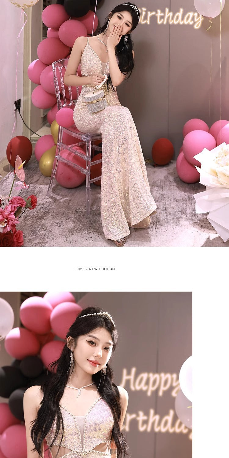 High-End Custom Evening Dress for Women Light Luxury High-End Temperament Socialite Autumn and Winter Sequined Toast Dress for Bride High-End