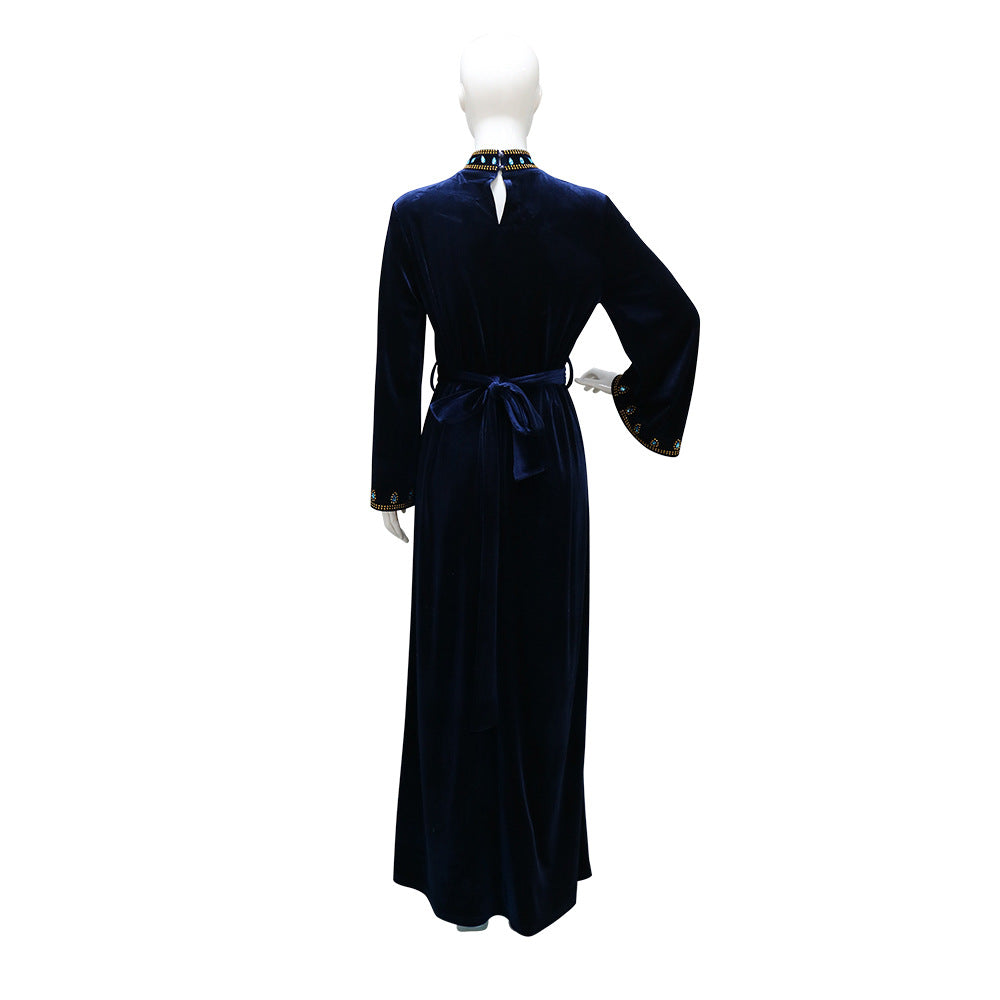 Xqy500219 Muslim Dubai Suede Dinner Dress Robe Blue Water Drop Rhinestone Jalabia Women's Clothing