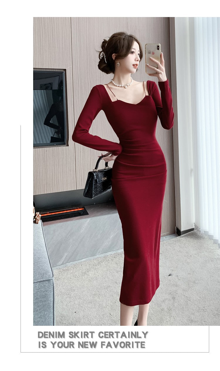 Chic French Style Chain Square Collar Dress Women's Elegant Bodycon Sheath Dress Niche Split Evening Dress Isn