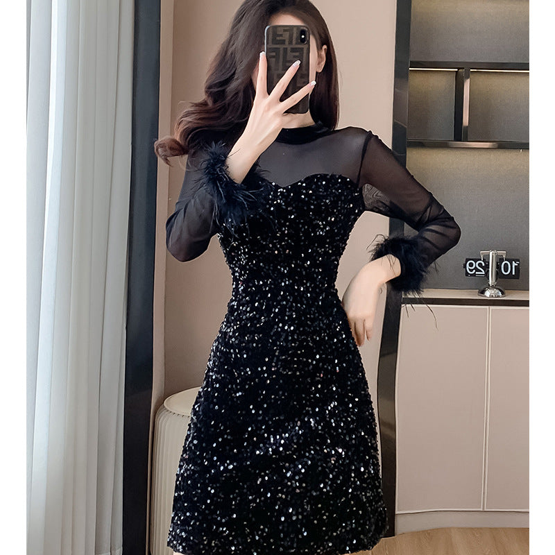 2023 Mesh Stitching Sequins Dress Women's French Entry Lux Sexy Waist Trimming Banquet Dress Sheath Black Dress