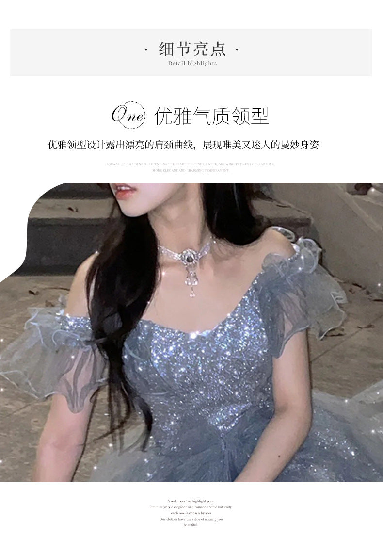 French Princess Escape Evening Dress Super Fairy Blue Student Art Exam Performance Dress off-Shoulder Temperament Bride Toast Dress