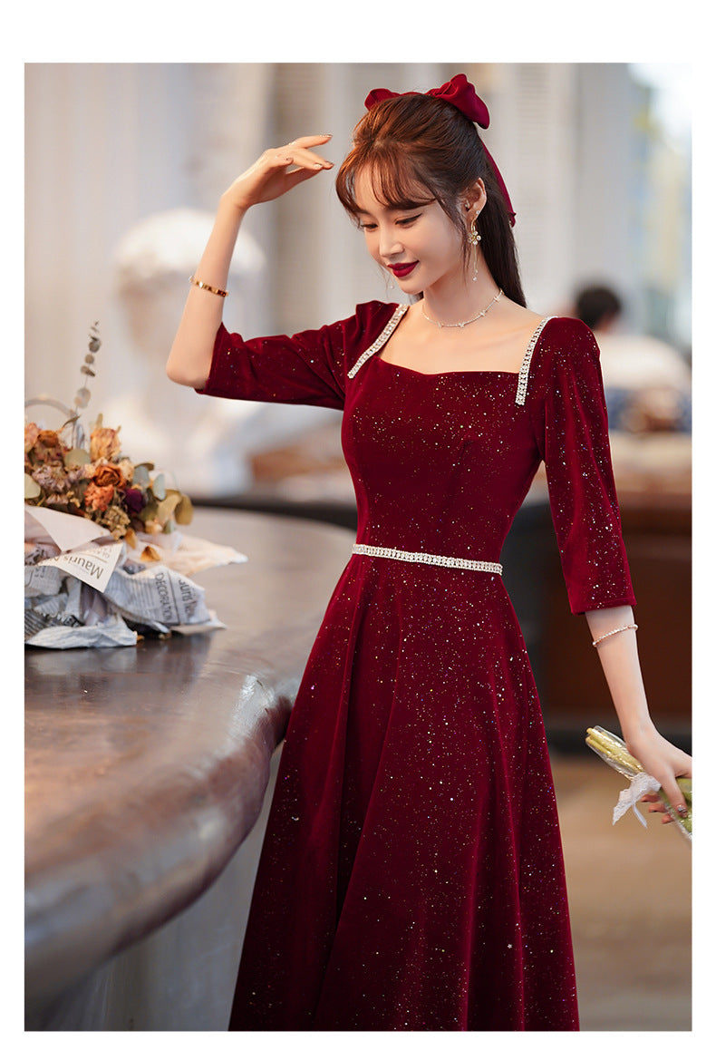 Toast Dress Bride 2024 New Autumn and Winter Fairy Wine Red Engagement Dress Wedding Back Door Toast Dress