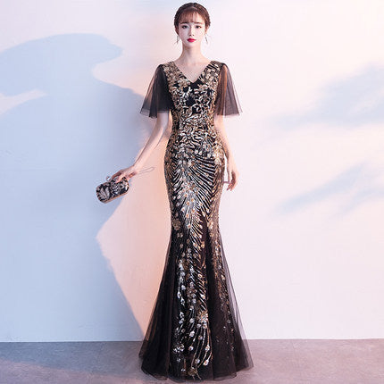 Evening Dress for Women 2024 New Banquet Socialite Gathering Long Style with Medium Sleeves V-neck Black Paillette Host Fishtail