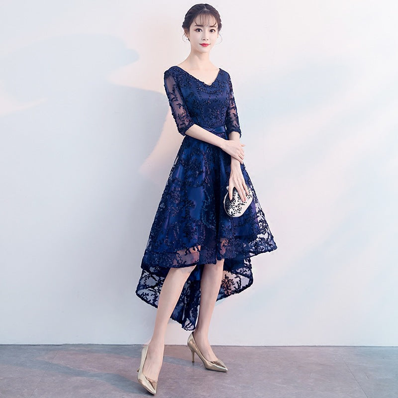 Navy Blue Evening Dress Temperament Banquet Mom Wedding Reception Clothes Front Short Back Length Dress Daily Style Autumn and Winter