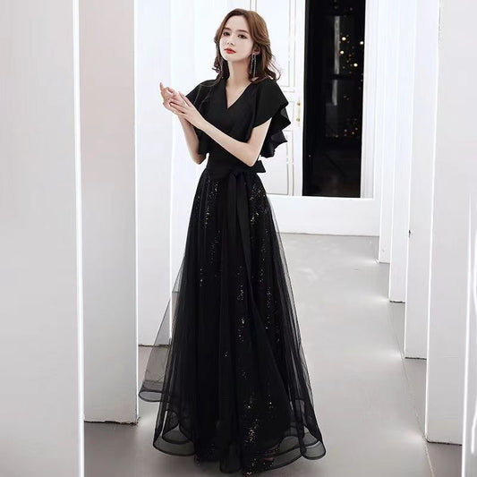 Black Evening Gown Long Slimming French Entry Lux Niche High-End Dress Advanced Texture Annual Meeting Art Exam Dress