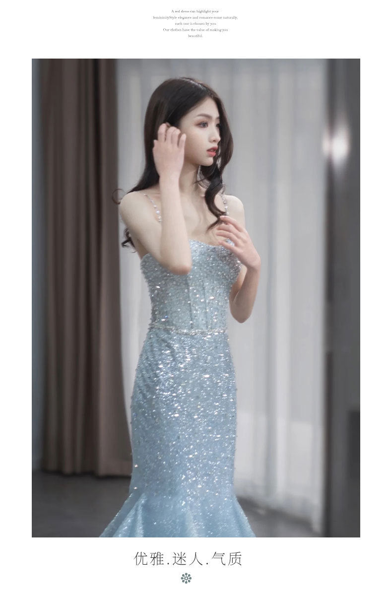 Fishtail Evening Dress High-Grade Model Catwalk Student Art Exam Toast Dress Bride Super Fairy Blue French Strap