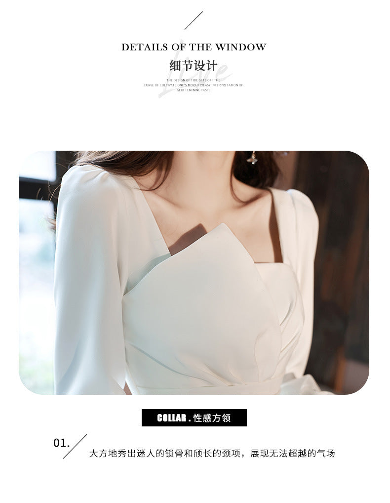 2024 Spring White Dress High-End Wedding Party Simple Graceful Square Collar Dress Spring and Autumn Women