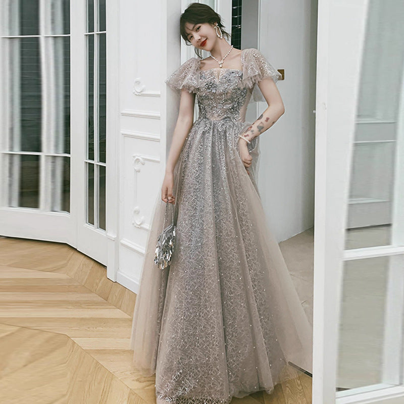 Gray Evening Dress for Women 2024 New High-End Banquet Fairy Temperament Birthday Vocal Music Art Test Dress Light Luxury Minority