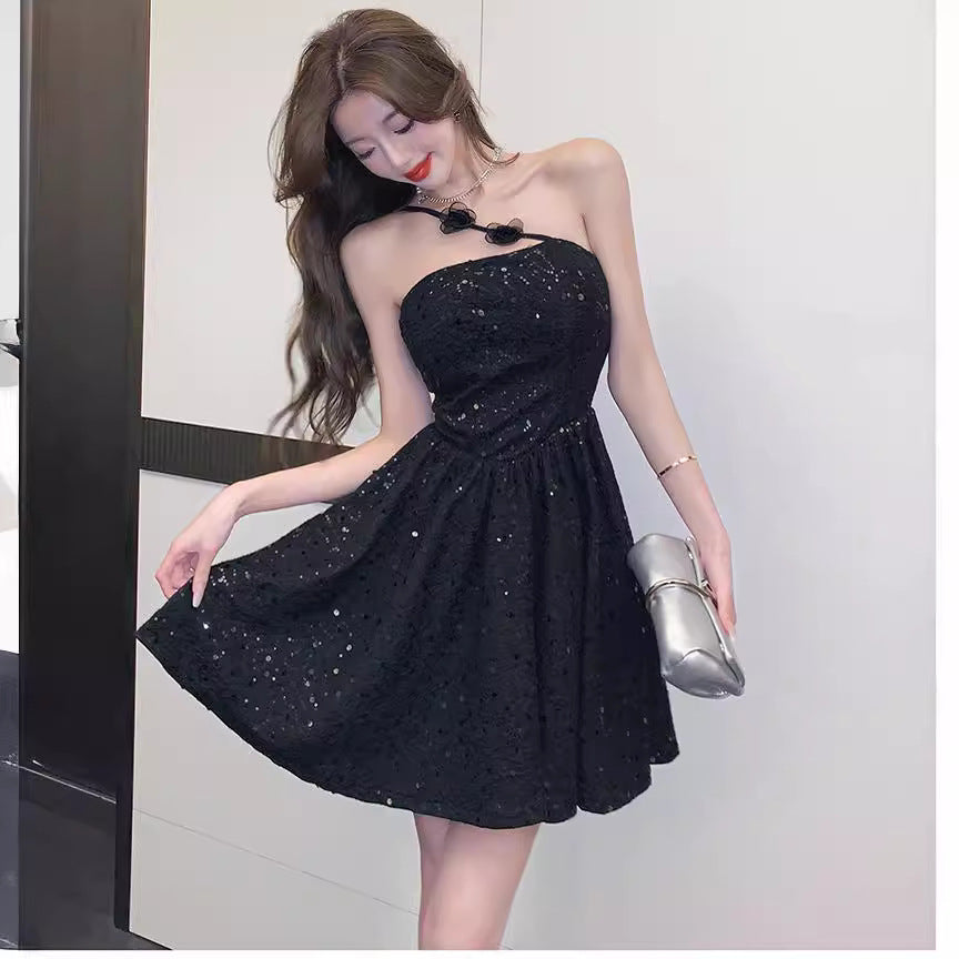 6155 Cross-Border in Stock 2024 New Sweet Lady Heavy Craft Sequin Slim Fit Bandeau One-Shoulder Dress Dress