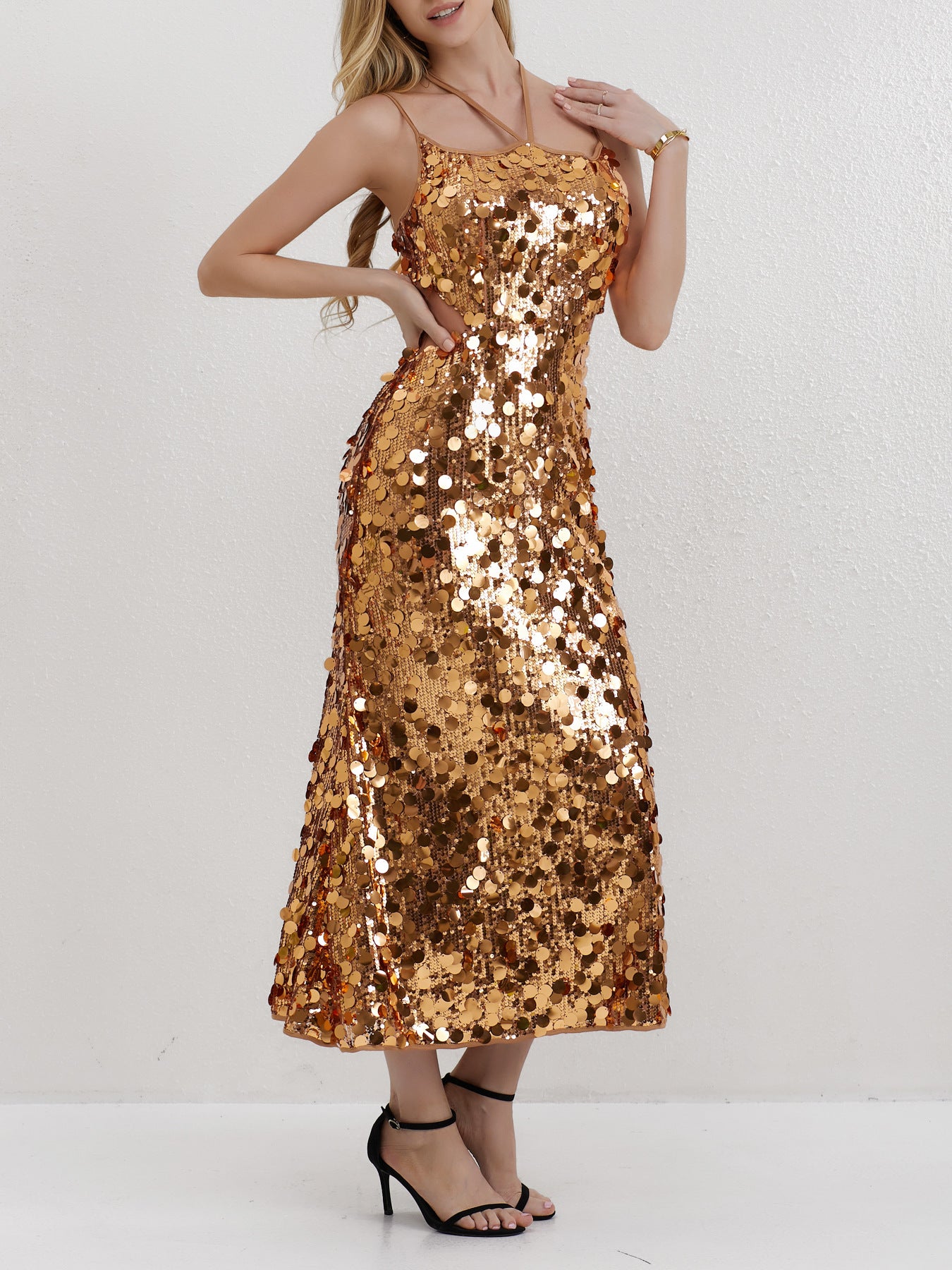 2023 Cross-Border Foreign Trade Spring/Summer New Fashion Sexy Internet Celebrity Gold Big Sequin Sequin Sling Dress Women