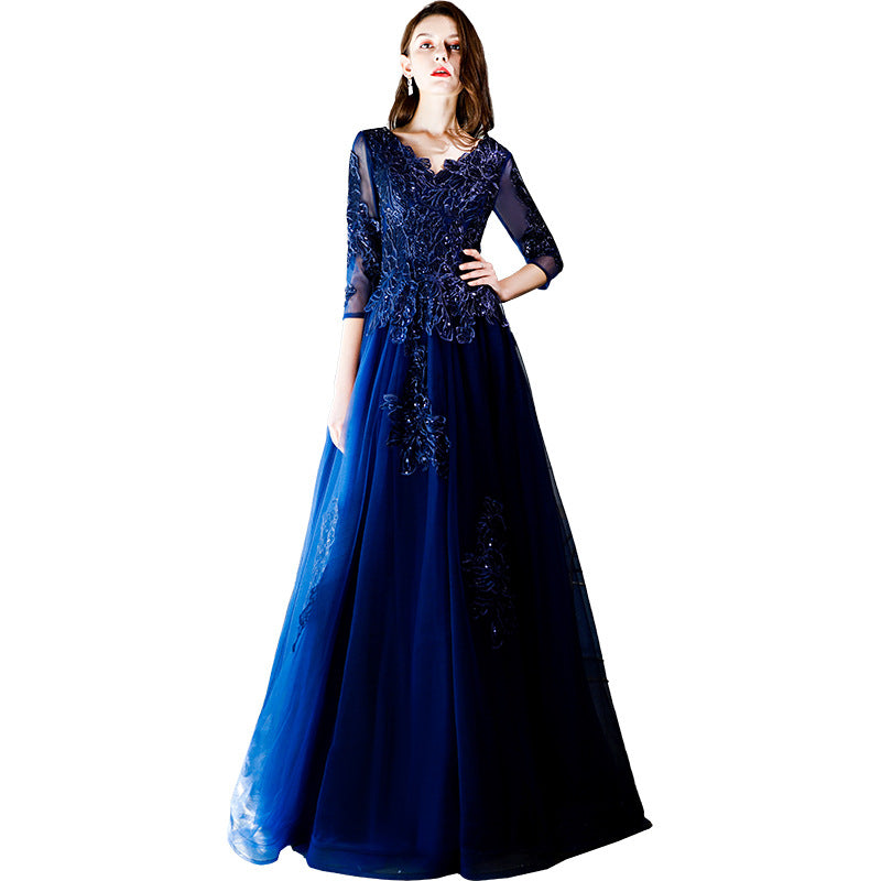 Dinner Dress Ball Dresses Gala Gown Blue Lace Flower Banquet Evening Dress Women'S Fashion New Long Art Exam Host Birthday Party H2932