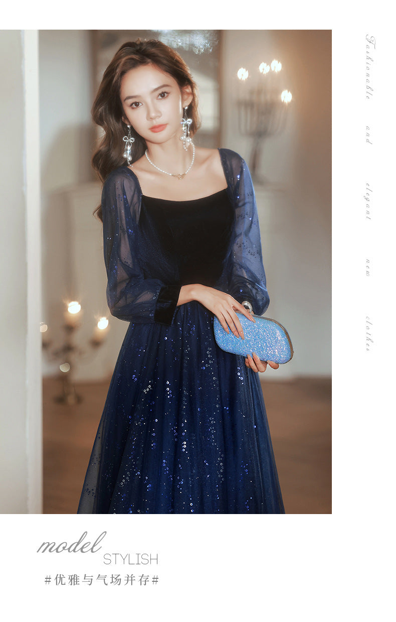 Women's Long-Sleeved Evening Dress for Banquet, High Sense High-End Affordable Luxury Niche Blue Sequined Conductor Chorus Solo Performance Costume