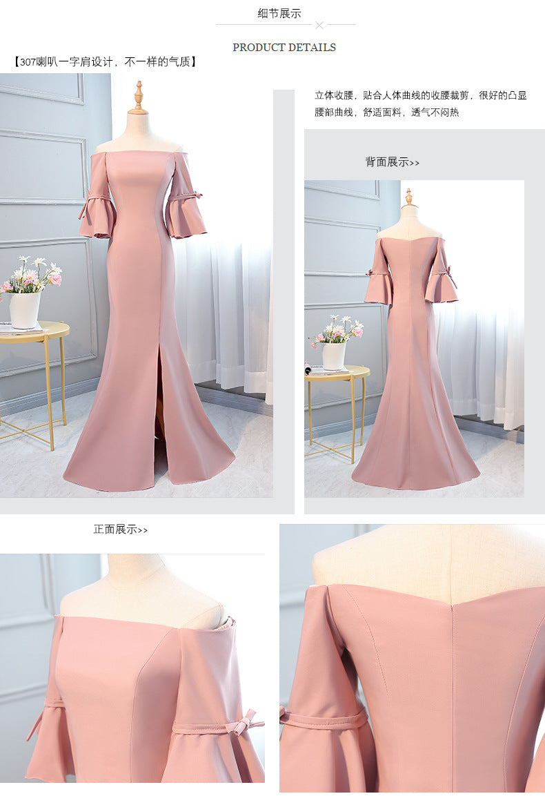 Ladybros' Dress 2023 Summer Autumn New Style off-Shoulder Annual Meeting Pink Figure Flattering Fishtail Dress for the Besties Bridesmaid Dress for Women