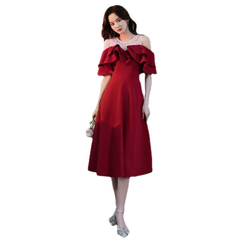 Dinner dress Ball gown red pearl Bride Wine Red Mid-Length Annual Meeting Performance Wedding Dress Adult Dress