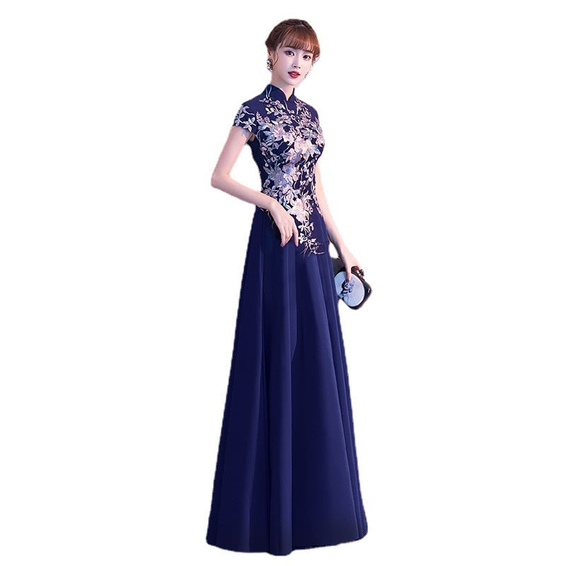 Chinese Evening Dress Female 2024 New Noble Banquet Host Temperament Long Cheongsam Chorus Performance Skirt Female