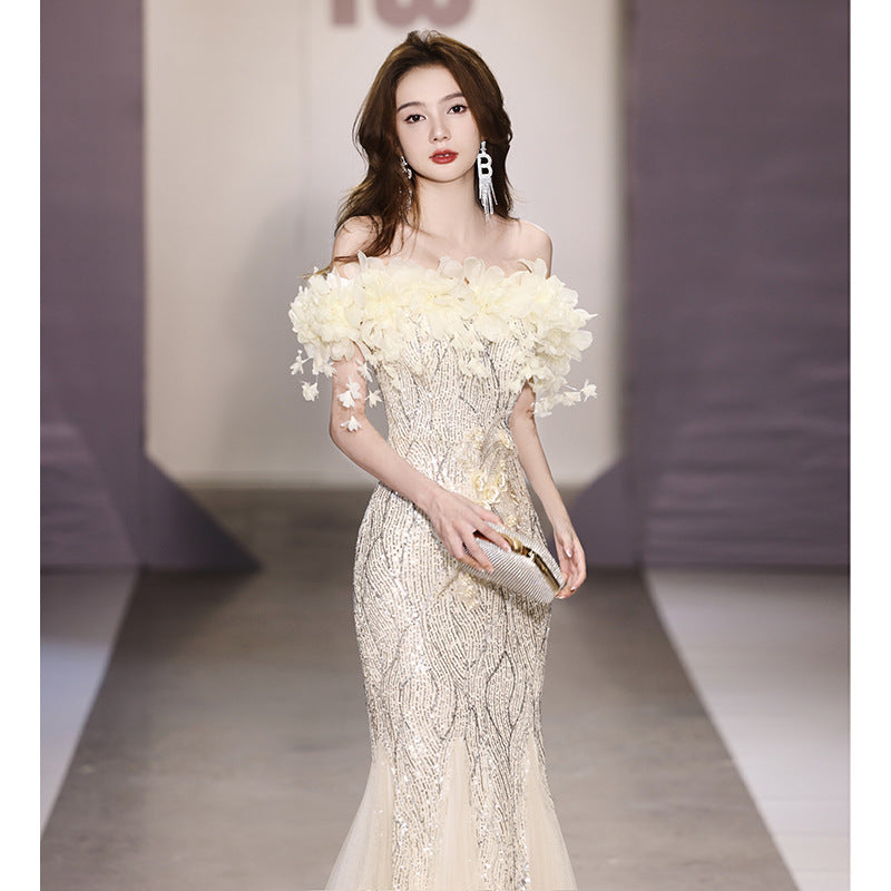 Fishtail Evening Dress 2024 off-Shoulder High-End Affordable Luxury Niche High-End Host Sequined Annual Meeting Dinner Flash