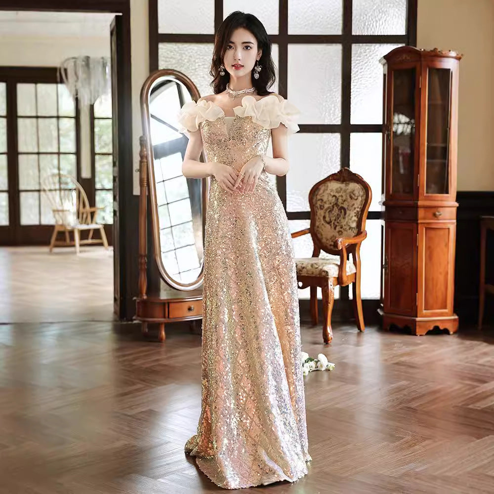 off-Shoulder Sequined Evening Dress for Women 2024 New Host Annual Meeting Bel Canto Solo Vocal Music Art Test Champagne Gold