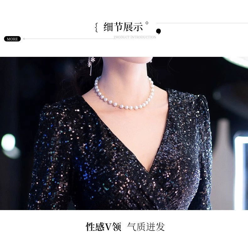 Black Evening Dress High-End Affordable Luxury Niche Female 2024 New Host Birthday Banquet Sequined Fishtail Dress Autumn