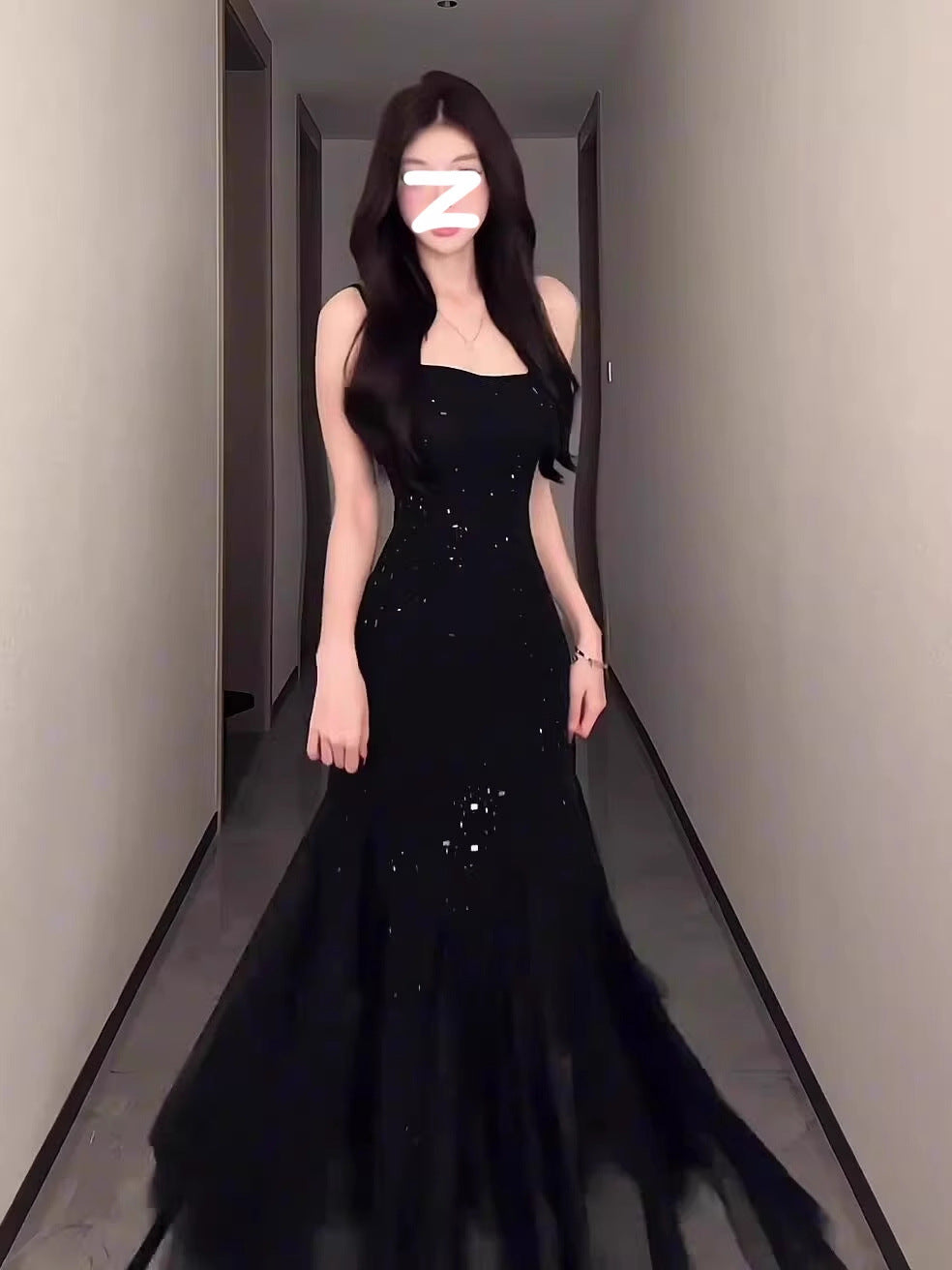 French Style Black Heavy-Duty Sling Dress Women's Summer Evening Dress Temperament Waist-Controlled Slim Fit Sexy Fishtail Long Dress