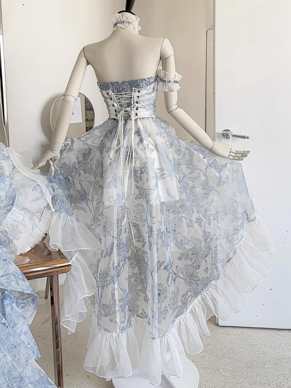 French Blue Floral Strapless Dress Women's Summer Princess Vintage Vintage Lolita Dress