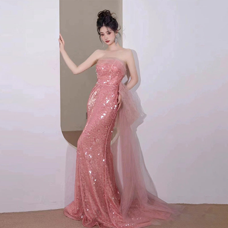 Evening Dress Dinner Ball Dresses Pink Sequin Lace French Style Pink Dress Elegant Fishtail H129