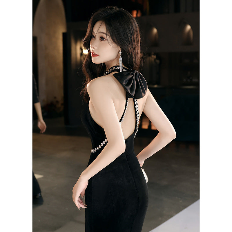 Black Evening Dress 2024 New High-End Temperament Socialite Halter Host Annual Meeting Fishtail Gown Dress