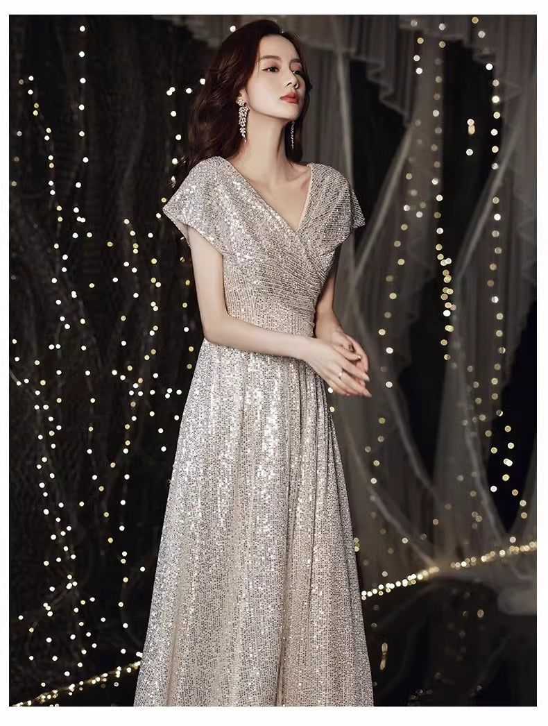 Banquet Evening Dress 2024 New High Sense V-neck Sequins Special Interest Light Luxury Performance Host's Dress Dress