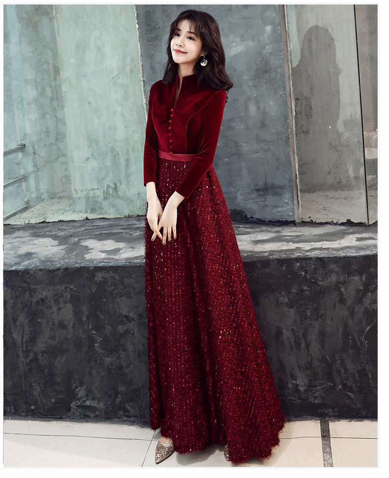 Evening Dress for Women 2024 New Elegant Toast Dress Wine Red Bride Elegant Long Sleeve Wedding Clothes Autumn