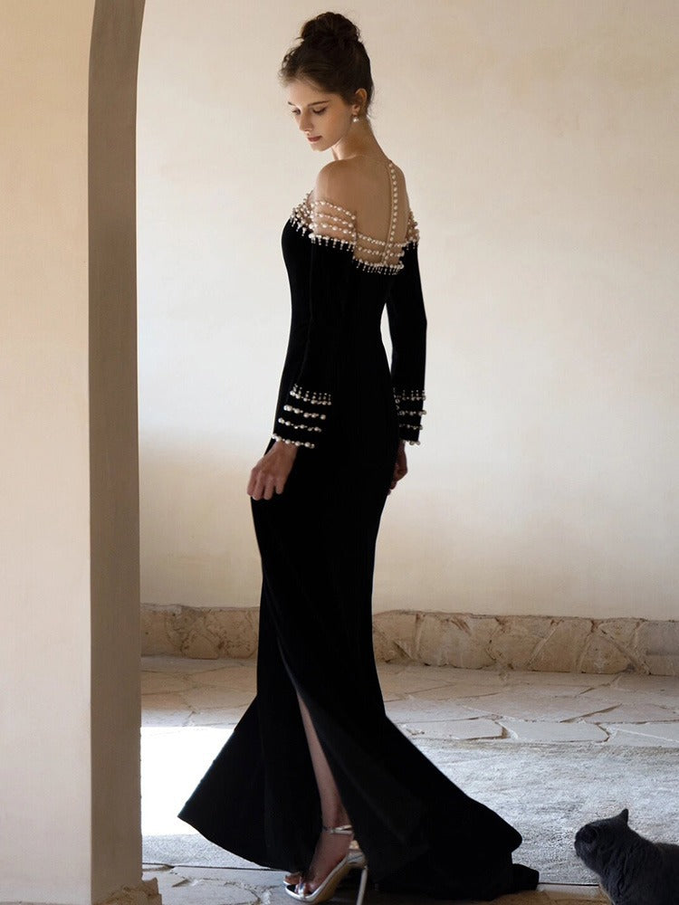 French Style Hepburn Wind Black Evening Dress 2024 New Long-Sleeved Pearl off-Shoulder Fishtail Costume