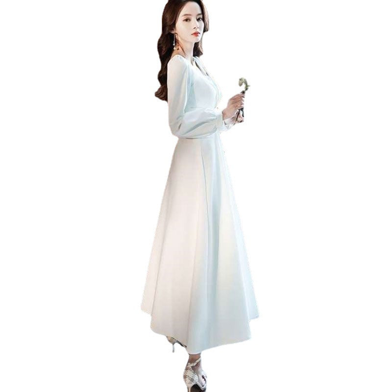 2024 Spring White Dress High-End Wedding Party Simple Graceful Square Collar Dress Spring and Autumn Women