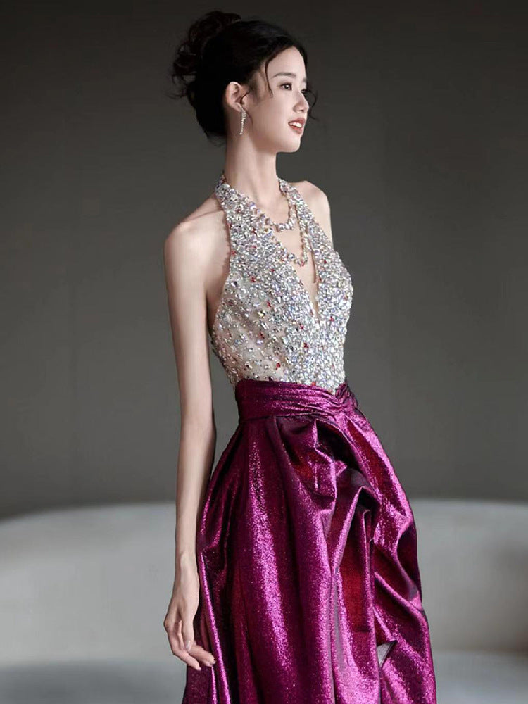 Halter Evening Dress 2024 New High Sense Heavy Industry Beads Banquet Temperament Host Bride Engagement Toast Clothing