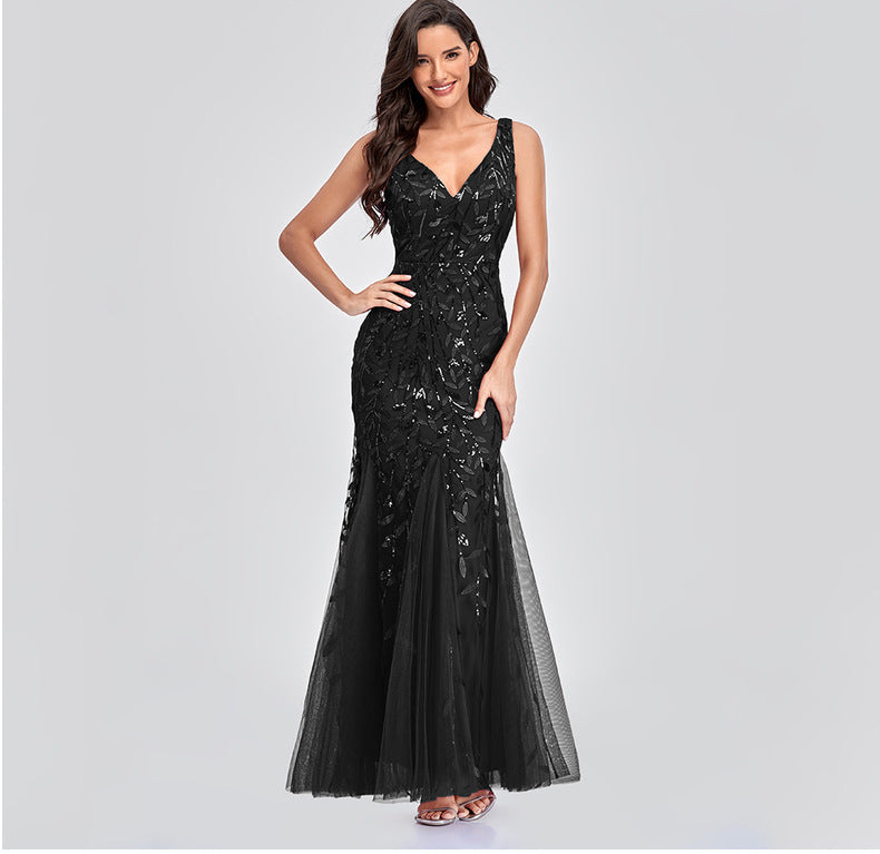 New 2023 Dress Sexy Dress Sleeveless V-neck Embroidery Sequin Slim Fishtail Bridesmaid Evening Dress for Women