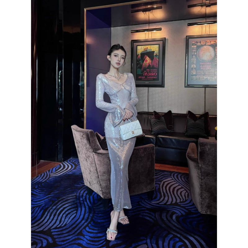 European and American Style Hollow Design Sense Sequins Dress 2024 Spring and Autumn New High Sense Niche Socialite French Sexy