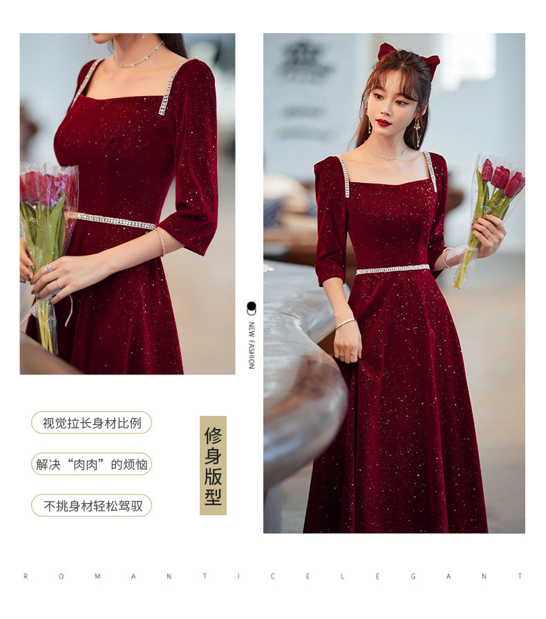 Toast Dress Bride 2024 New Autumn and Winter Fairy Wine Red Engagement Dress Wedding Back Door Toast Dress