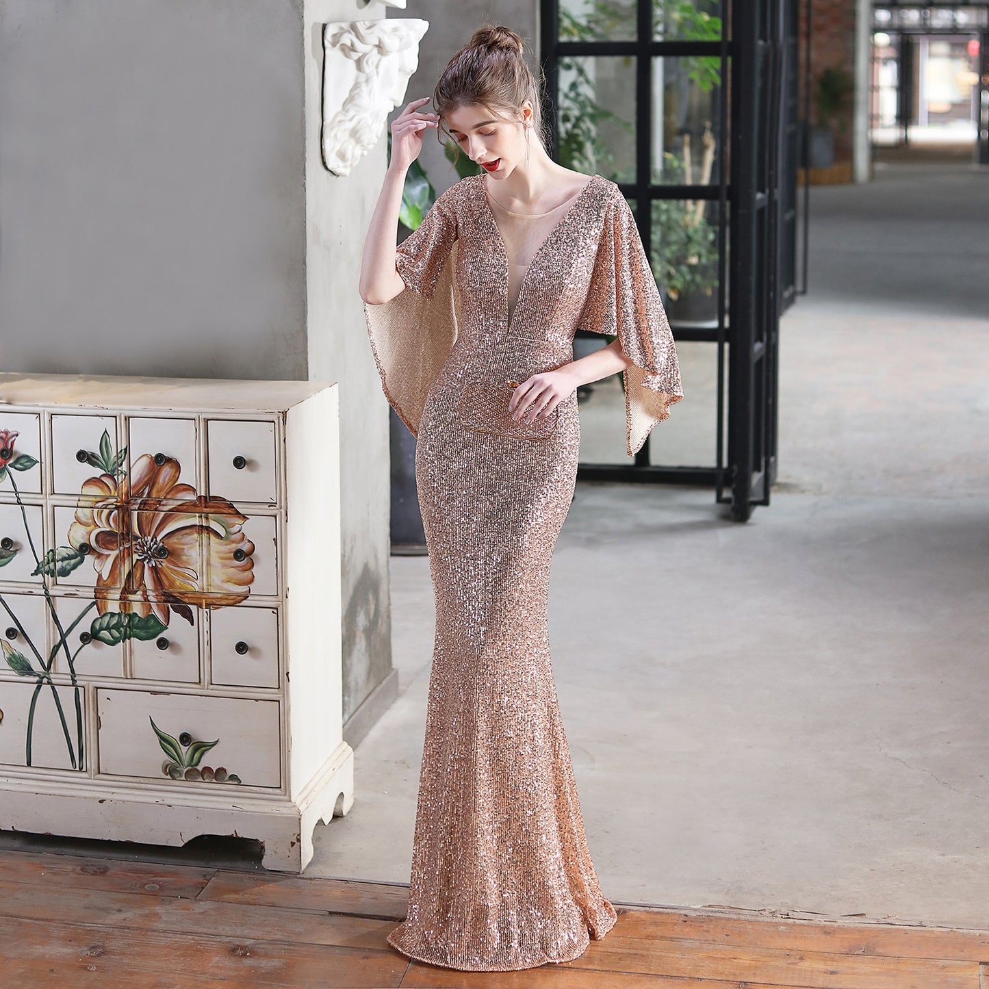 18631# Angel Wings Sequined Fishtail Banquet Elegant Graceful Annual Meeting Host Car Model Party Dress Female Summer