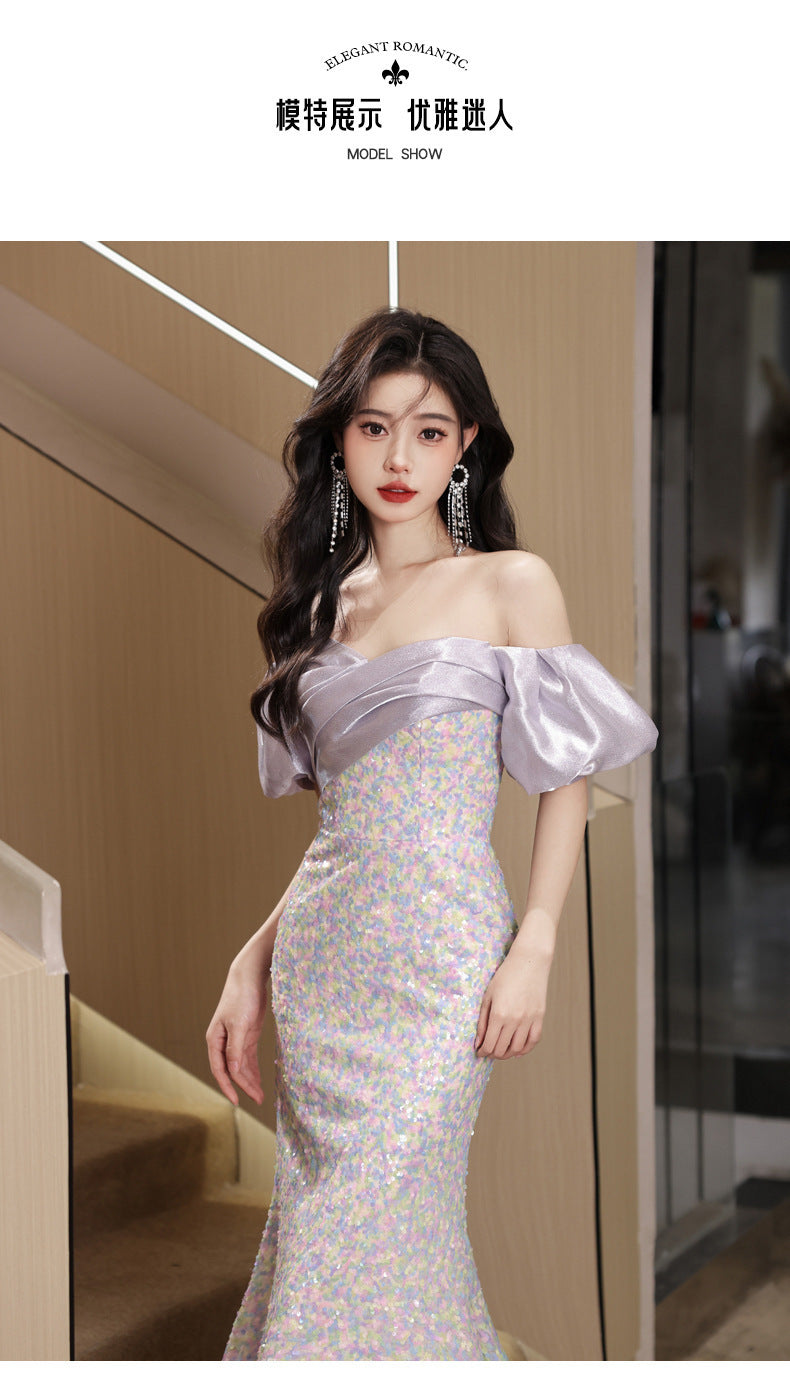 off-Shoulder Evening Dress for Women 2024 New Autumn Light Luxury Minority High-End Ladies Annual Meeting Host Banquet Dress