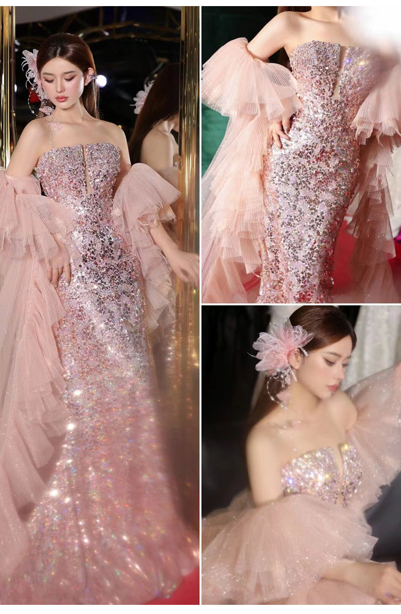 Women's Tube Top Evening Dress Light Luxury Minority Pink Sequin Host's Dress Toast Dress Bride Engagement Formal Dress Morning Gowns