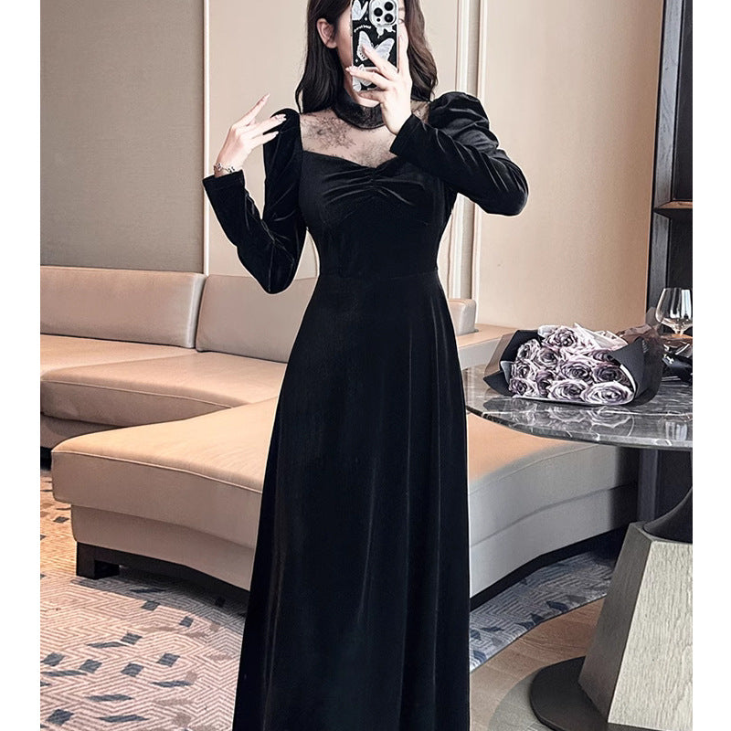 2023 Autumn and Winter Annual Party Party Dress Skirt ~ French Style Hepburn Elegant Half Turtleneck Lace Stitching Velvet Dress