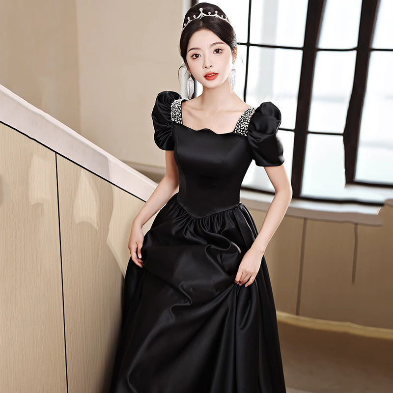 Black Evening Dress Women's Satin High Sense High-End Affordable Luxury Niche Banquet Adult Ceremony Temperament Host Art Test