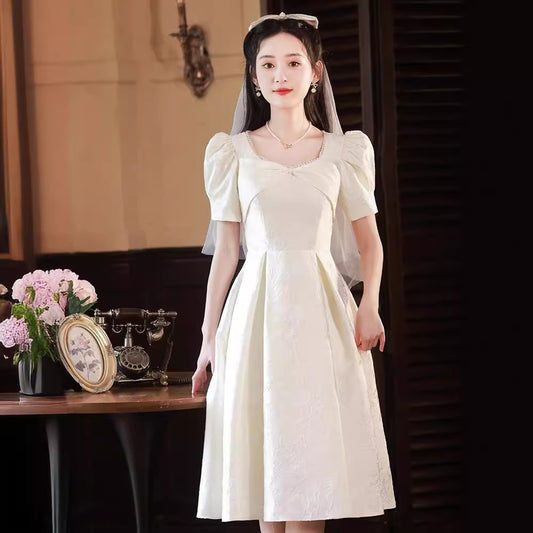 High-End White Dress 2023 New Women's License Registration Daily Style French Square Collar Slim White Dress Small-Sized Bride