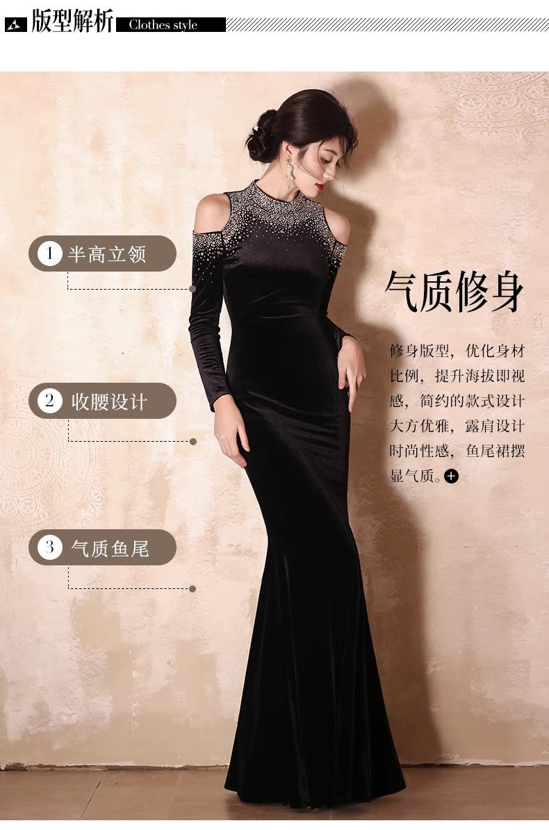 Factory in Stock Wholesale New Elegant and Beautiful off-Shoulder Long Sleeve Banquet Host Black Mermaid Evening Dress for Women