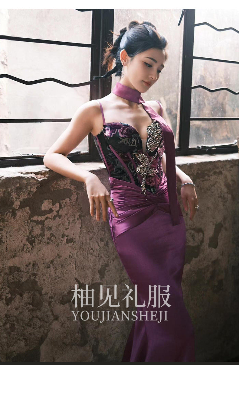 New Chinese Style Morning Gowns Women's 2024 New Design Sense Niche Bride Engagement Skirt Small Size in Purple Trailing Tube Top Toast Clothing