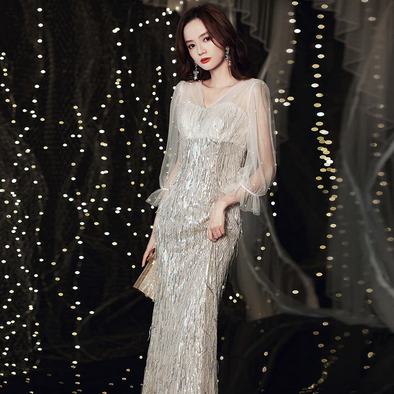 European and American Evening Dress 2024 New Light Luxury Light Luxury Temperament Dress Light Luxury Elegant Top Grade Banquet Dress