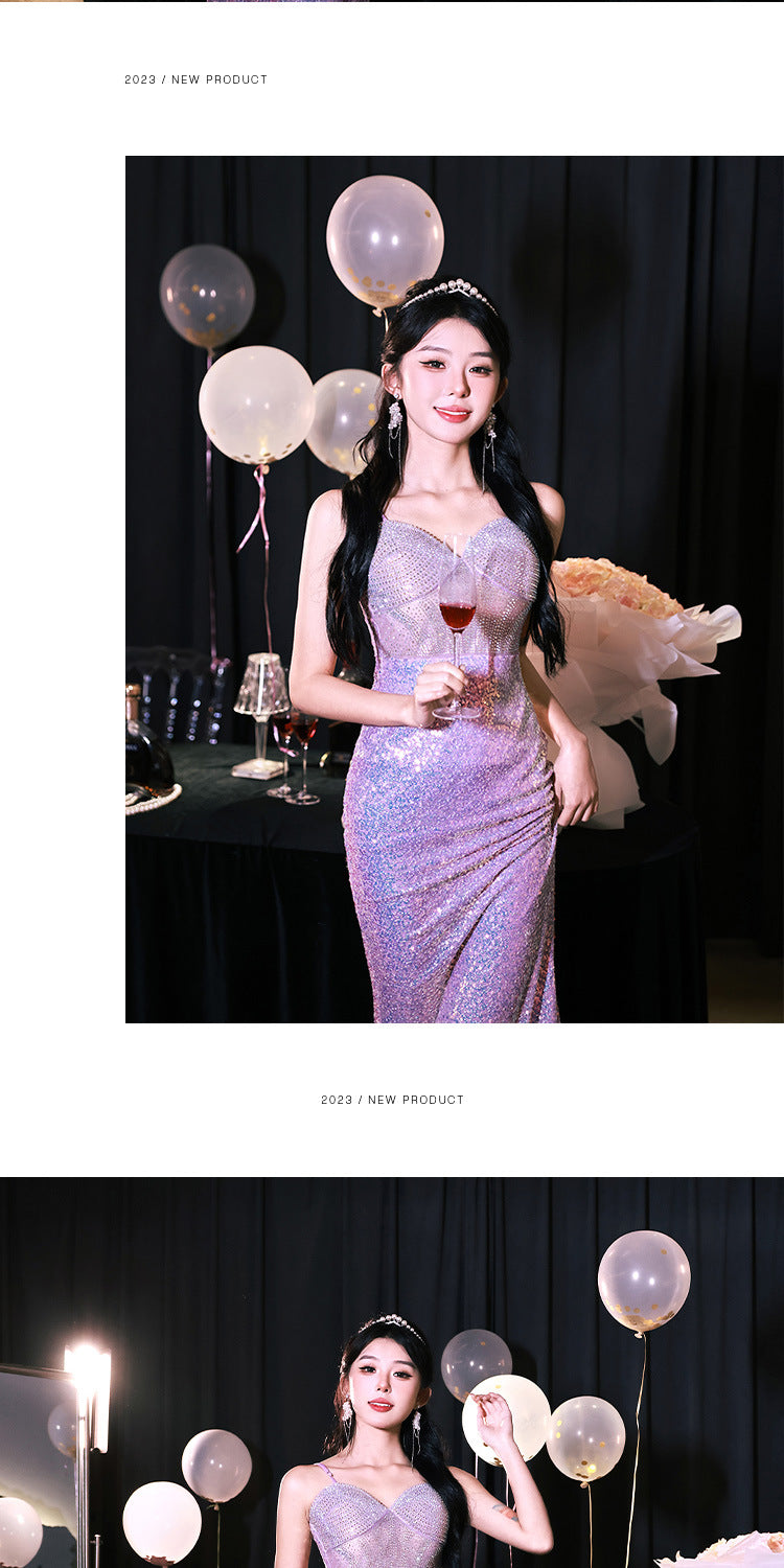 High Sense Banquet Temperament Light Luxury Minority Host Adult Lady like Woman Temperament Sexy Waist Trimming Sheath Fishtail Evening Dress