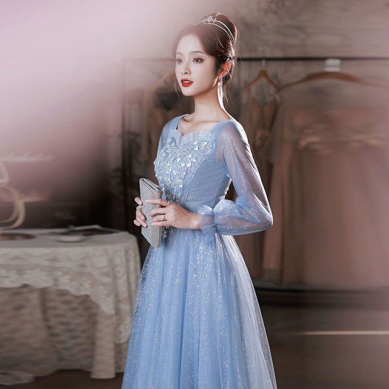 High-End Blue Dress High-End Sense Banquet Host Fairy Vocal Music Student Art Exam Dress Student Performance Dress